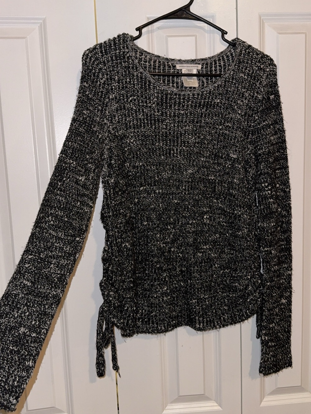 American Eagle Outfitters Black Marled Crewneck Sweater with Side Tie
